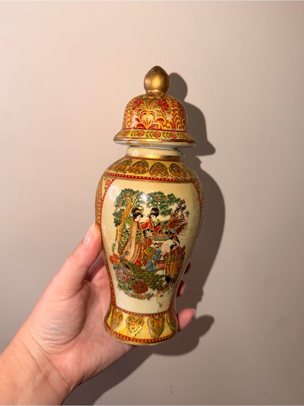 Hand-Painted Gold and Cream Decorative Ceramic Jar with Lid